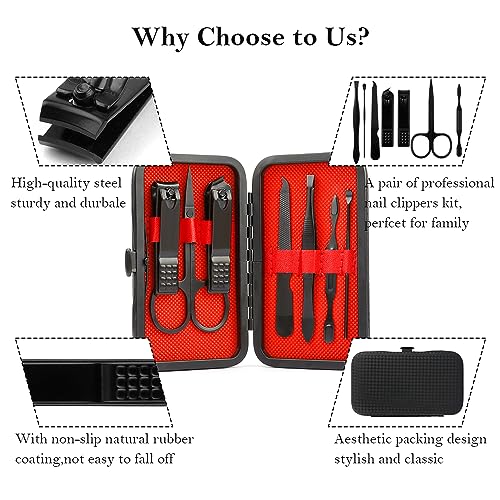 Black Manicure Set 8-in-1 Nail Clipper Grooming Kit for Men & Travel