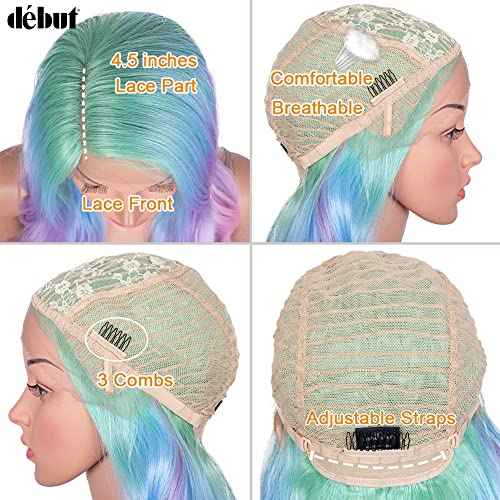 D?BUT Side Part Lace Front Wigs Colored Cosplay Synthetic Wavy Wigs Left Part Body Wave Lace Wig Heat Resistant Fiber Rainbow Color Wigs 29 Inches