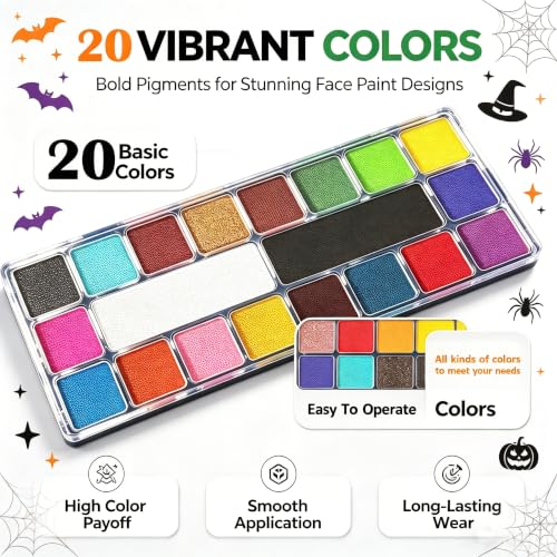 20-Color Water-Based Face Paint Kit with Brushes & Stencils