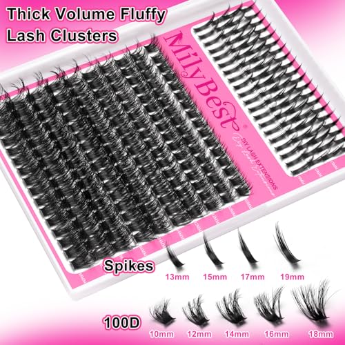 Lash Clusters Kit 100D Manga Eyelash Clusters with DIY Spikes 13-19MM Spiky Volume Cluster Eyelash Extensions Wispy Individual Lash Extensions Kit Anime Lashes Cluster Bond & Seal Tweezer by MilyBest
