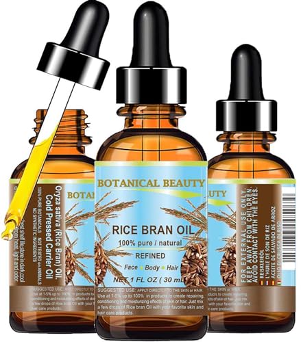 Botanical Beauty RICE BRAN OIL 100% Pure Natural Refined Undiluted Cold Pressed Carrier Oil for Face, Skin, Body, Hair, Massage, Nails. 1 Fl. oz - 30 ml