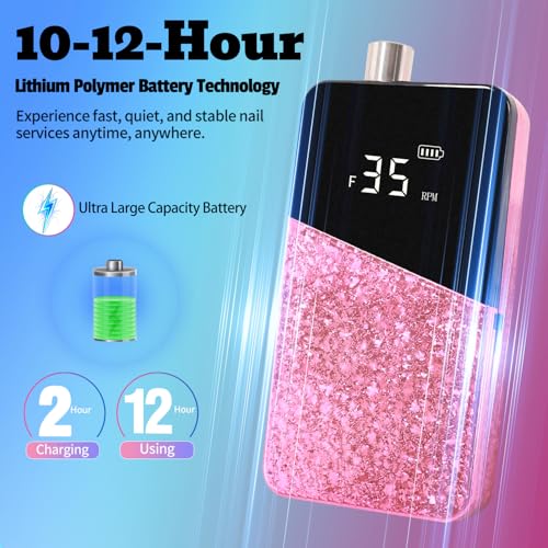 Electric Nail Drill Machine 35000RPM Professional Portable Nail File Cordless Rechargeable Nail Efile for Acrylic Gel Nails Manicure Pedicure Polishing Shape Tools for Salon Home Use (Snowflake Pink)