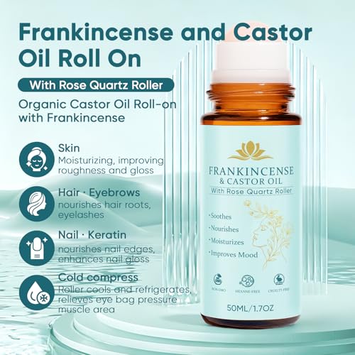 Frankincense and Castor Oil, Castor Oil Roll On with Rose Quartz, 100% Pure, Organic, Cold-Pressed, Firms Skin, Reduces Fine Lines & Hormone Balance, Suitable for Face, Neck, Abdomen, 50ML/1.7OZ (2)
