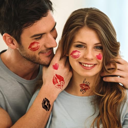 8 Sheets (70PCS) Lip Kiss Temporary Tattoos Stickers Valentines Day Theme Hot Pink Red Halloween Birthday Party Decoration Supplies Favors for Women Girls