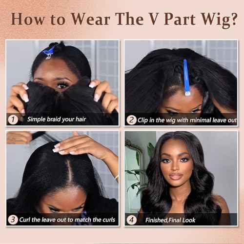 V Part Wig Human Hair Body Wave Upgrade U Part Human Hair Wig With Adjustable Drawstring 200% Density V Shape Clip In Half Wig For Women Natural Color 22 Inch