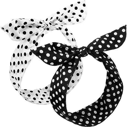 Hicarer 2 Pcs Polka Dot Headbands for Women Halloween Headband Retro Bandana Dress up 50s Outfit Wire Hairband Vintage Headwrap Cosplay Party Hair Accessories(0.23 Inch,Black, White)