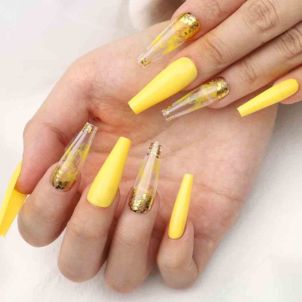 Outyua Glossy Smoke Pattern Fake Nails Coffin Yellow Extra Long Press on Nails with Design Ballerina Acrylic Super Long False Nails Designer Full Cover Artificial Nails for Women and Girls 24Pcs (Yollow)