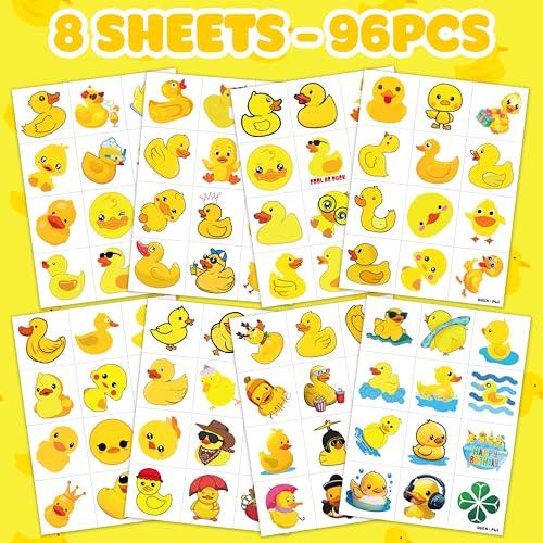 96 PCS Rubber Duck Pre-Cut Temporary Tattoos Themed Birthday Party Decorations Supplies Favors Decor Little Yellow Ducky Tattoo Stickers Gifts For Game Boys Girls Classroom School Prizes