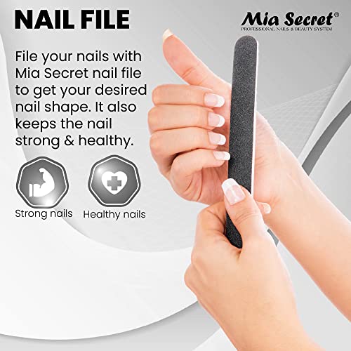 Mia Secret Acrylic Nail Kit: 1/2 oz liquid monomer, 1/2 oz clear acrylic powder, ultra quick nail glue, 1/2 oz ultra gloss top coat, fancy 20 nail tips, 1/2 oz primer, speedy zebra straight nail file 100/100, #8 nail brush and emery block