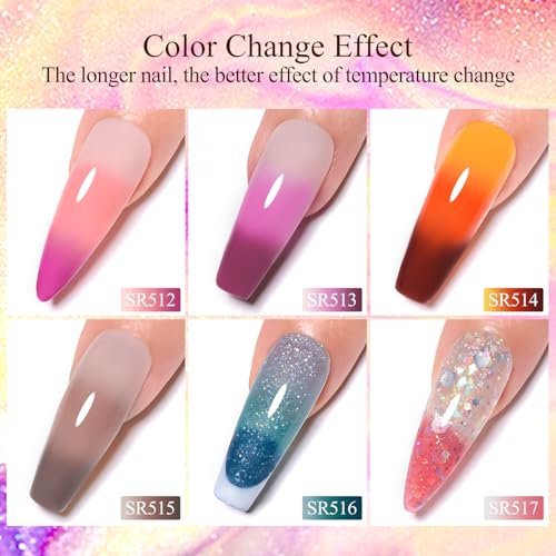 MEET ACROSS Color Changing Gel Nail Polish Set, 6 PCS Glitter Mood Temperature Change Gel Polish, Thermal Nail Gel Soak Off Long Lasting Manicure Color Changed Kit