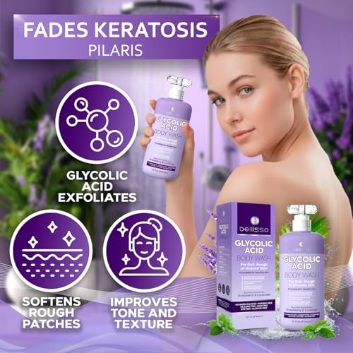 BELLISSO Glycolic Acid Body Wash - Exfoliating AHA Liquid Soap for Rough and Bumpy Skin - Gentle Exfoliant - Bump and Lump Eraser Formula - 16 Fl Oz