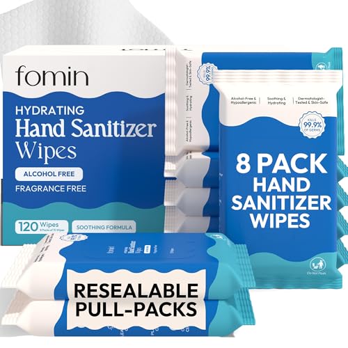 Fomin Hand Sanitizer Wipes - 8 Bags, 15 Sheets Each - Unscented & Biodegradable
