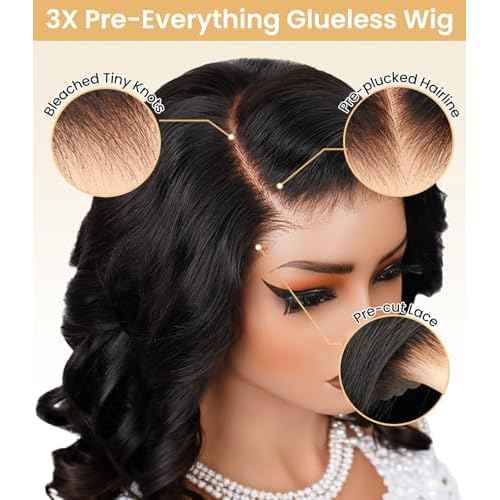 Ugrace Layered Cut C-Side Part Loose Wave Glueless Wigs Human Hair Pre Plucked Pre Cut 6¡¿5 HD Lace With Baby Hair Pre Bleached Knots 180% Density Natural Black Wigs for Black Women 18Inch