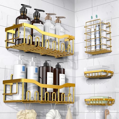 Shower Caddy 5 Pack,Adhesive Shower Organizer for Bathroom Storage&Home Decor&Kitchen,No Drilling,Large Capacity,Rustproof Stainless Steel Bathroom Organizer,Shower Shelves for Inside Shower-Larger