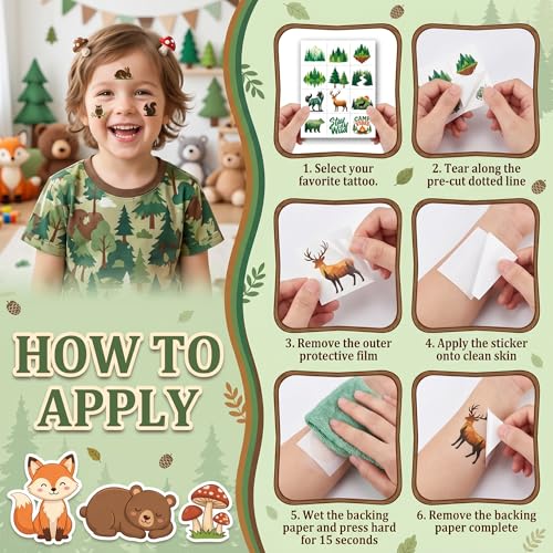 96 PCS Woodland Temporary Tattoos for Kids | Forest Animal Party Favors