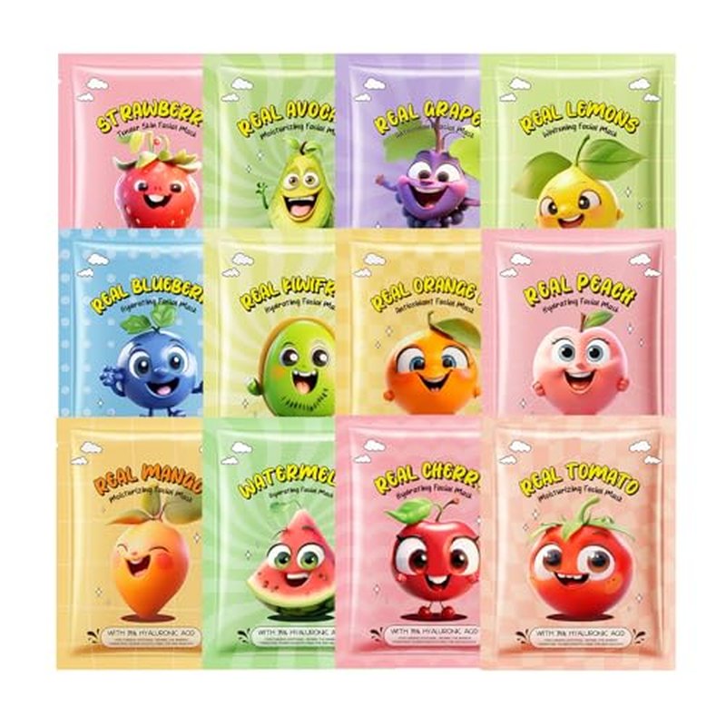 12-Pack Fruit Face Masks for Kids & Teens | Hydrating Sheet Mask Set