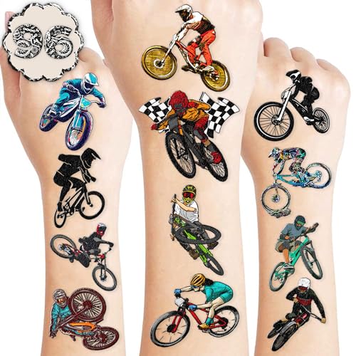 105 PCS Bike Temporary Tattoos Birthday Party Decorations Supplies Favors Black Bycicle Street Mountain Road Bike Sports Decor Stickers For Boys Girls Gift School Prizes Rewards