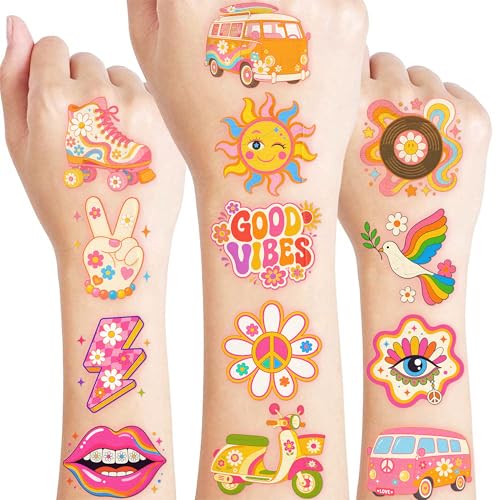96 Pcs Groovy 70s Temporary Tattoos | Pre-Cut Kids Party Favors
