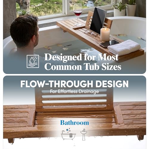 AquaTeak 30" Teak Bathtub Caddy with Book & Tablet Stand