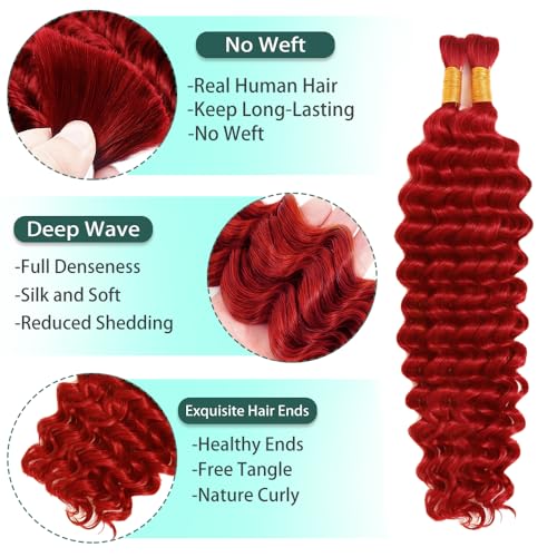Red Boho Braiding Hair Deep Wave 26 Inch Human Hair Bulk