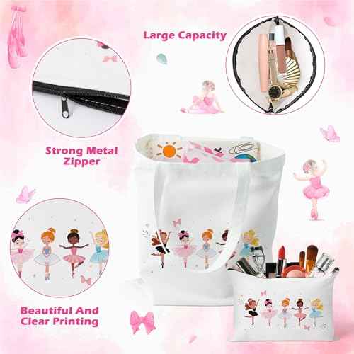 Y1tvei Ballerina Canvas Bag Set- Cute Dancing Girls Canvas Tote Bag Makeup Pouch with Inner Pocket, Gifts for Dance Recital