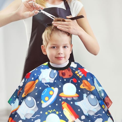 Kids Barber Cape with Neck Duster Brush - Cartoon Space, Adjustable Snap Closure