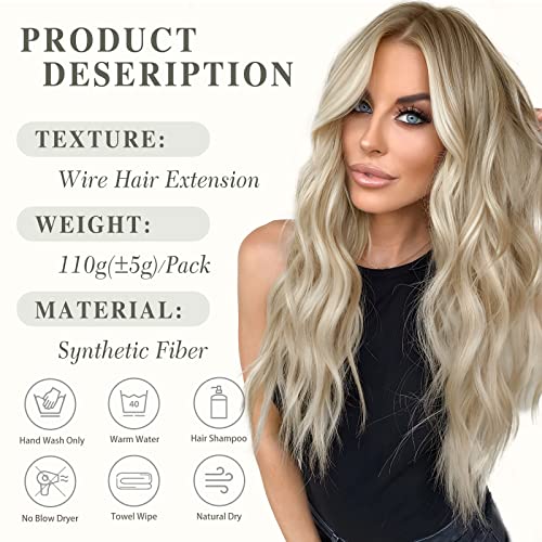 MORICA Invisible Wire Hair Extensions - 20 Inch Halo Hair Extension Long Wavy Synthetic Hairpiece with Transparent Wire Adjustable Size, 4 Secure Clips for Women (Ash Blonde Mixed Light Blonde,20Inch)