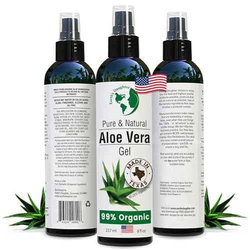Earth's Daughter Premium Organic Aloe Vera Gel from Fresh Cut 100% Pure Organic Aloe leaves ? TopQuality Fast Absorbing for Face, Skin, Hair & Body ? Vegan, Unscented, Natural - 8 Oz USA Made