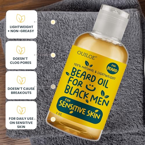 Beard Oil for Black Men with Sensitive Skin - Non Comedogenic Beard Oil - Safe for Acne Prone Skin - Unscented, Soothing, Natural, Lightweight and Non Greasy 2oz