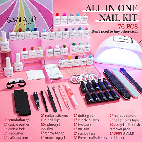 SAVILAND 76PCS Gel Nail Polish Kit with 180W(5X Faster) U V Light - Starter Kit 30 Colors Gel Polish Spring Summer Nude White Soak-Off U V LED Nail Gel with 180W LED Nail Lamp Starter Kit, Gel Glossy/Matte Gel for Home DIY Nail Salon, Gift for Women