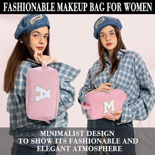 YOOLIFE Pink Initial Corduroy Makeup Bag & Belt Bag Crossbody Fanny Pack Personalized Gifts for Women Teen Girls