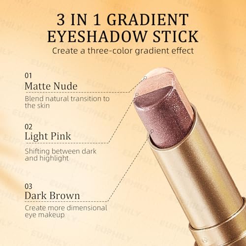 3 Color Matte Gradient Glitter Eyeshadow Stick, Cream Blendable Metallic Shimmer Eye Shadow Pencil, Lightweight Long-Lasting Eye Makeup Pen for Daily Makeup, #04 Glittering rose