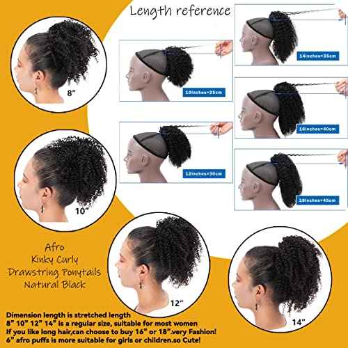 Curly Ponytail Extension Human Hair for Black Women Girls Invisible Kinky Curly Ponytails Afro Puff Drawstring Ponytail Afro Puffs 14 Inch #1B Natural Black