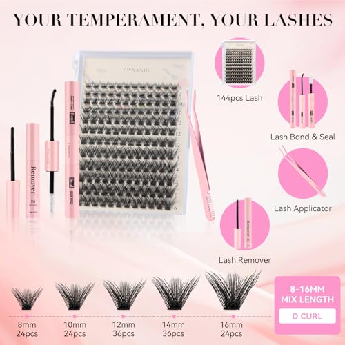 Wispy Lash Clusters Kit, 144Pc D Curl 8-16mm with Bond, Remover & Tweezers