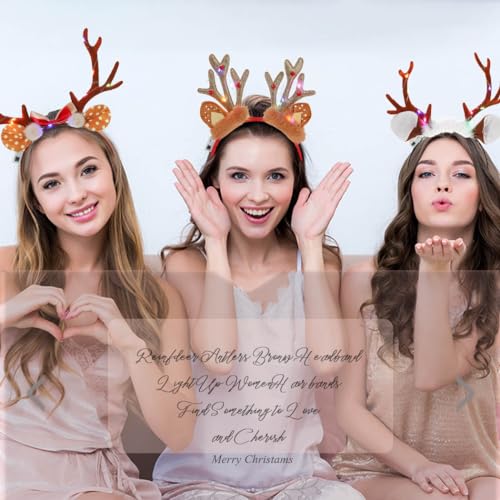 Fdesigner Antler Reindeer Headbands Brown Light Up Christmas Deer Hairband Elk Headband Xmas Fawn Ears Headpiece Holiday Women Hair Accessories Props for Costume (Bow)