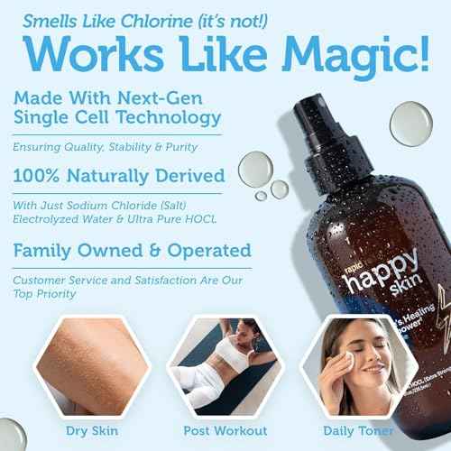 Happy Skin .02% Hypochlorous Acid Spray Toner? Extra Strength, Extra Gentle 100% Natural Toner & Skin Cleanser for Face & Body? Soothe, Hydrate & Repair Dry, Sensitive Skin? pH Balanced, Non-Toxic 8oz