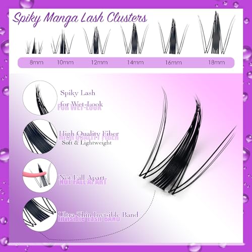 DAODER Spiky Lash Clusters Natural Fairy Anime Manga Lash Extension Wet-Look 8-18MM Invisible Clear Band Eyelash Extension Clusters D Curl 140pcs Reusable(8-18MM Spiky)