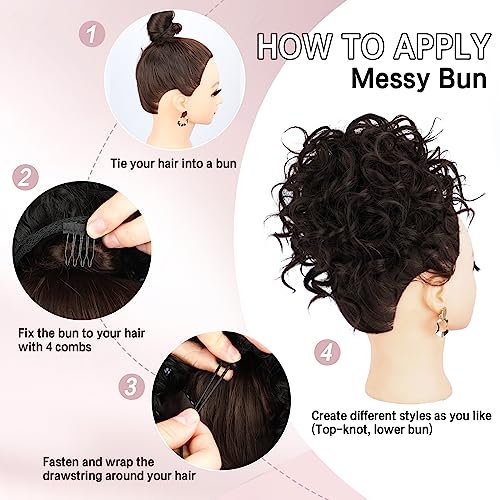 Lommel Messy Bun Hair Piece for Women - Dark Brown, Elastic Drawstring, Curly Synthetic Hair Extension