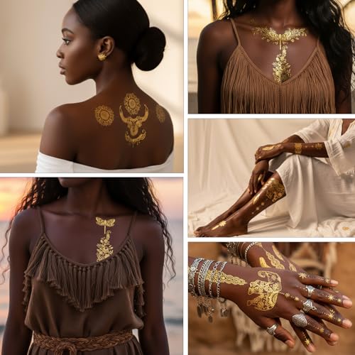 Gold Temporary Tattoo Stickers - 9 Sheet Set for Women