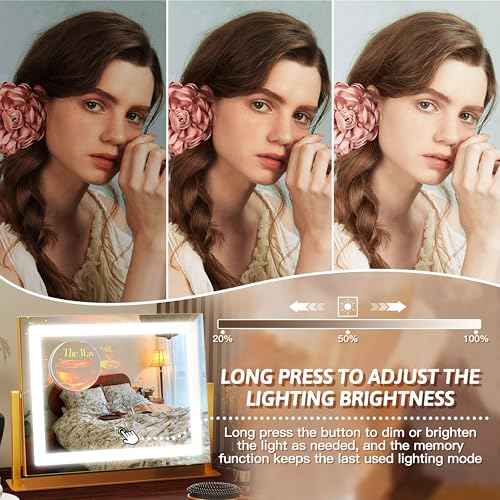 FENNIO Vanity Mirror with Lights, 12" x 16" Lighted Makeup Mirror with Smart Touch Control, 3 Color Modes & Brightness Adjustable, LED Makeup Mirror with 10X Magnification, Square Gold