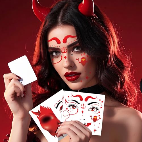 Red Devil Face Temporary Tattoos with Diamond Stickers - 4 Sheets
