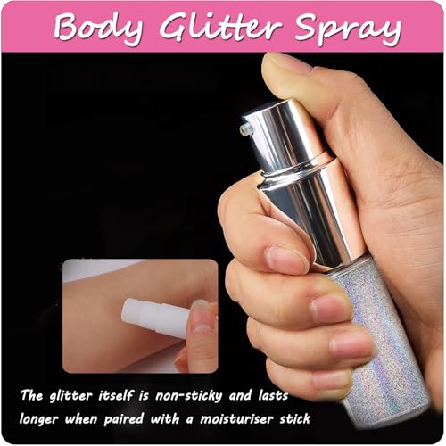 Hair Glitter Spray,Sliver Glitter Spray for Hair and Body Face Glitter Spray Long-Lasting Glitter for Hairspray Clothes Makeup Festival Stage Crafts(with Moisture Stick)