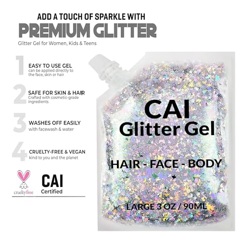 CAI Beauty Holographic Silver Glitter Gel - 3 oz Vegan & Non-Toxic