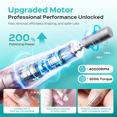 Electric Nail Drill E51, 40000RPM Professional Nail Tool for Manicure & Gel Removal - Rechargeable with LCD Display, Pink
