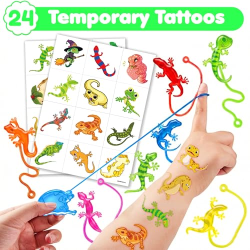48 Pcs Gecko Reptile Party Favors - Stick Hands & Tattoos