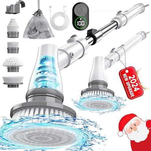 Electric Spin Scrubber with Big Display, Fast Charging Cordless Cleaning Brush with Adjustable Long Handle, 2 Speeds & 4 Replaceable Brush Heads, 1.5H Runtime Shower Scrubber for Deep Cleaning