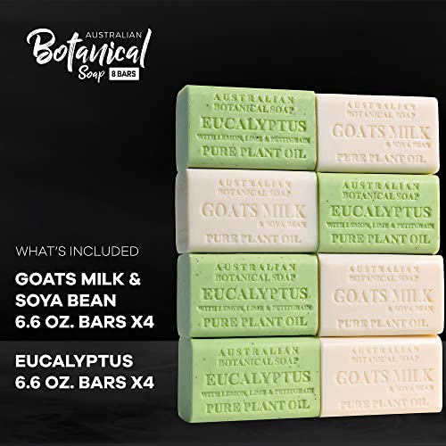 Australian Botanical Men's Soap Bars, Duo Pack Luxury Body and Beard Bars, Eucalyptus and Goats Milk Soap, Gift for Men, 6.6 oz. 4 Bars of Each, 8 Pack