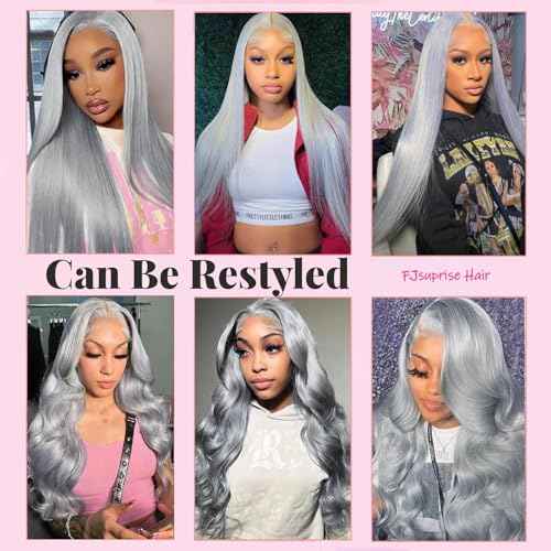 30 Inch Grey Lace Front Wigs Human Hair Straight 13x6 HD Transparent Lace Frontal Wig Human Hair Pre Plucked 180% Density Silver Grey Colored Glueless Lace Frontal Wigs for Black Women