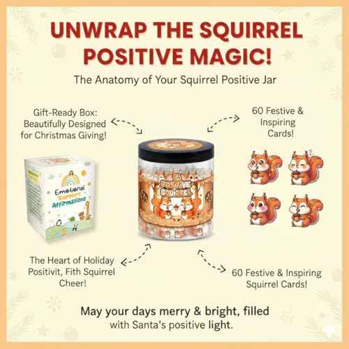 Positive Squirrel Jar With 60 Affirmation Cards, Funny Emotional Support Christmas Gift, Christmas Decor for Home or Office, Cute Squirre Gifts for Women Men and Coworkers, Friends
