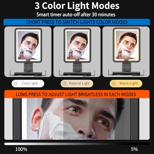 Fogless Shower Mirror with 3-Color LED Light & Defogging